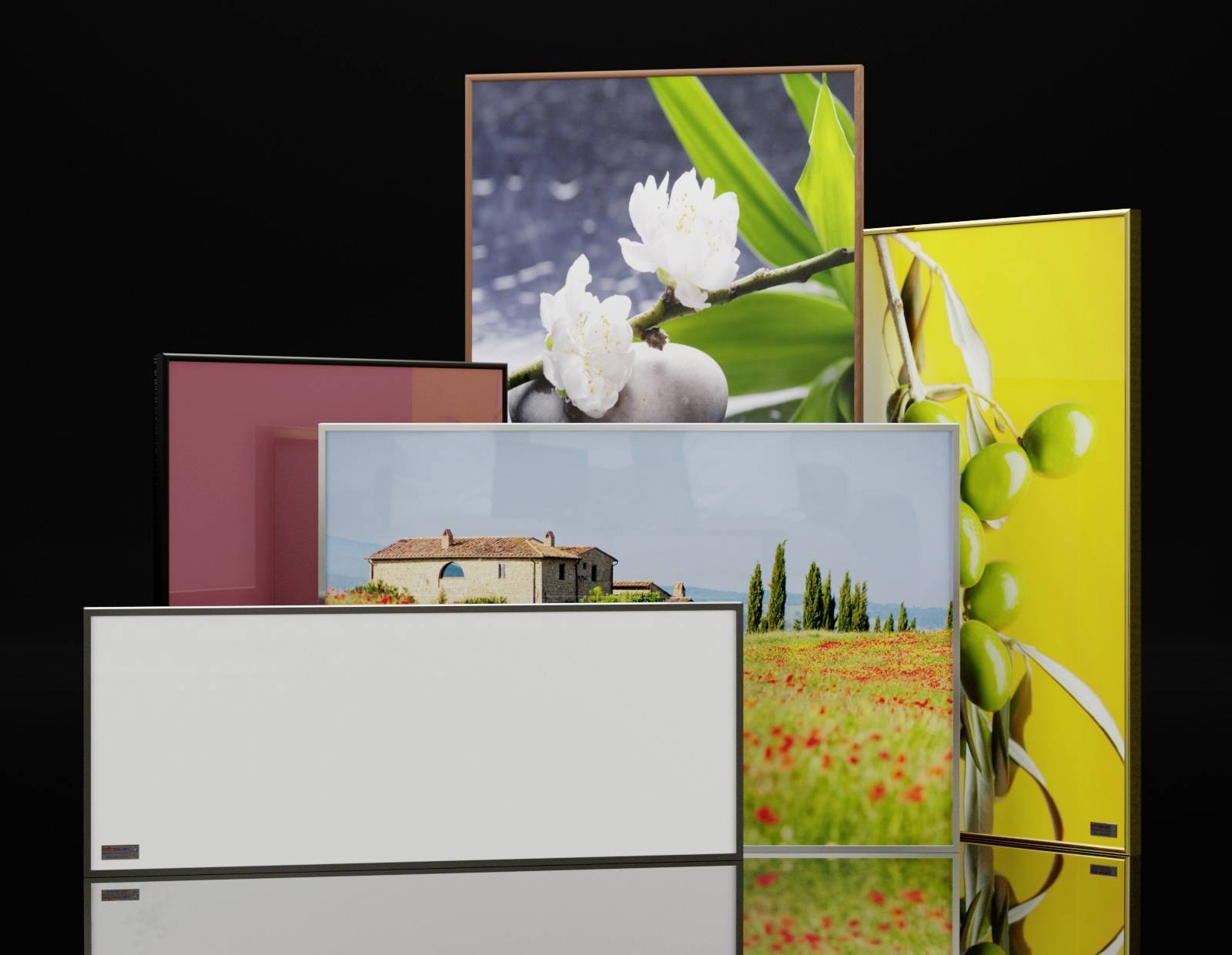 Several modern televisions with different landscape images. Foreground shows a house between flower fields, background with flowers and olive trees.