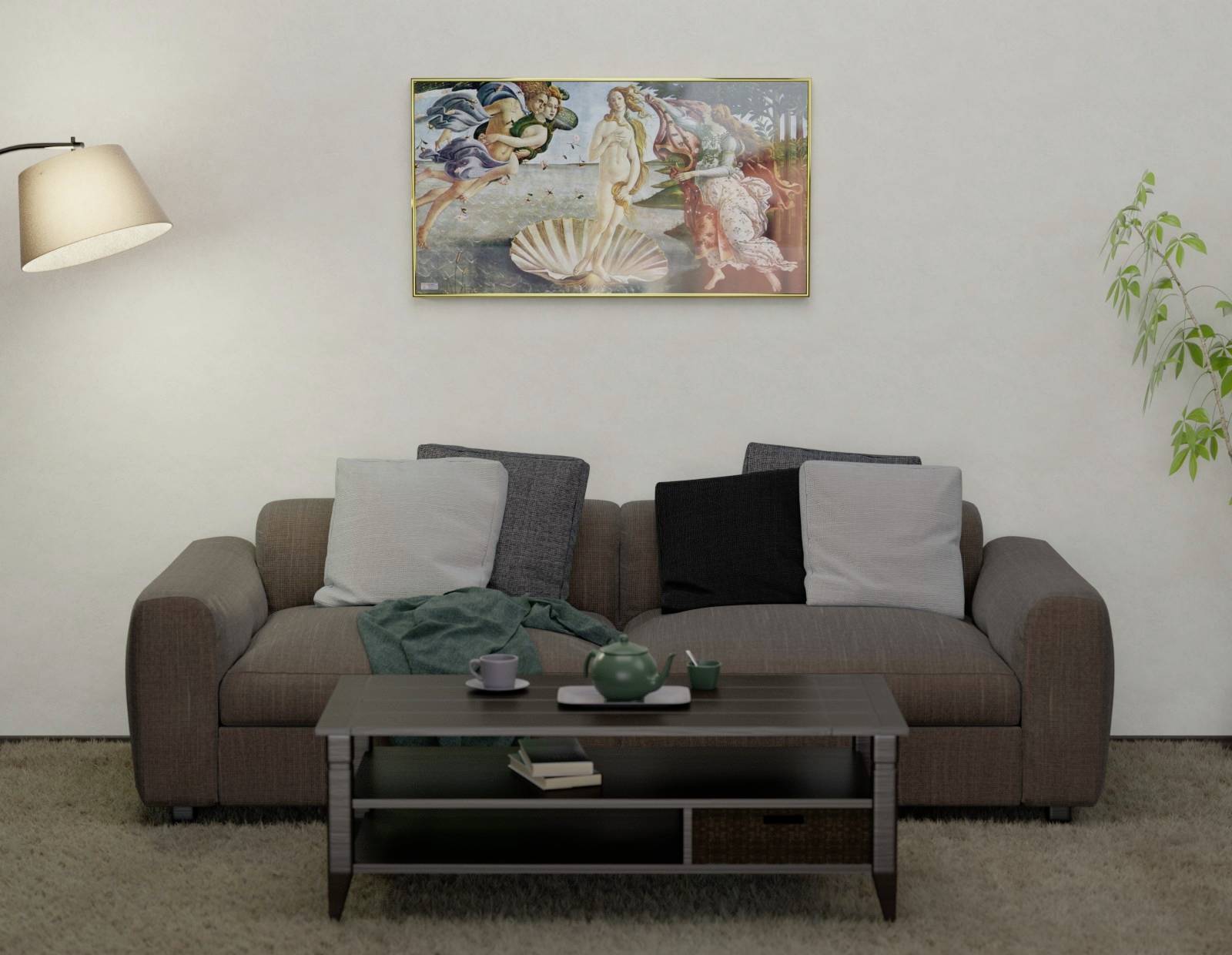 Cosy living room with a brown sofa, cushions, coffee table with tea set. A painting hangs on the wall. A houseplant is positioned to the right.