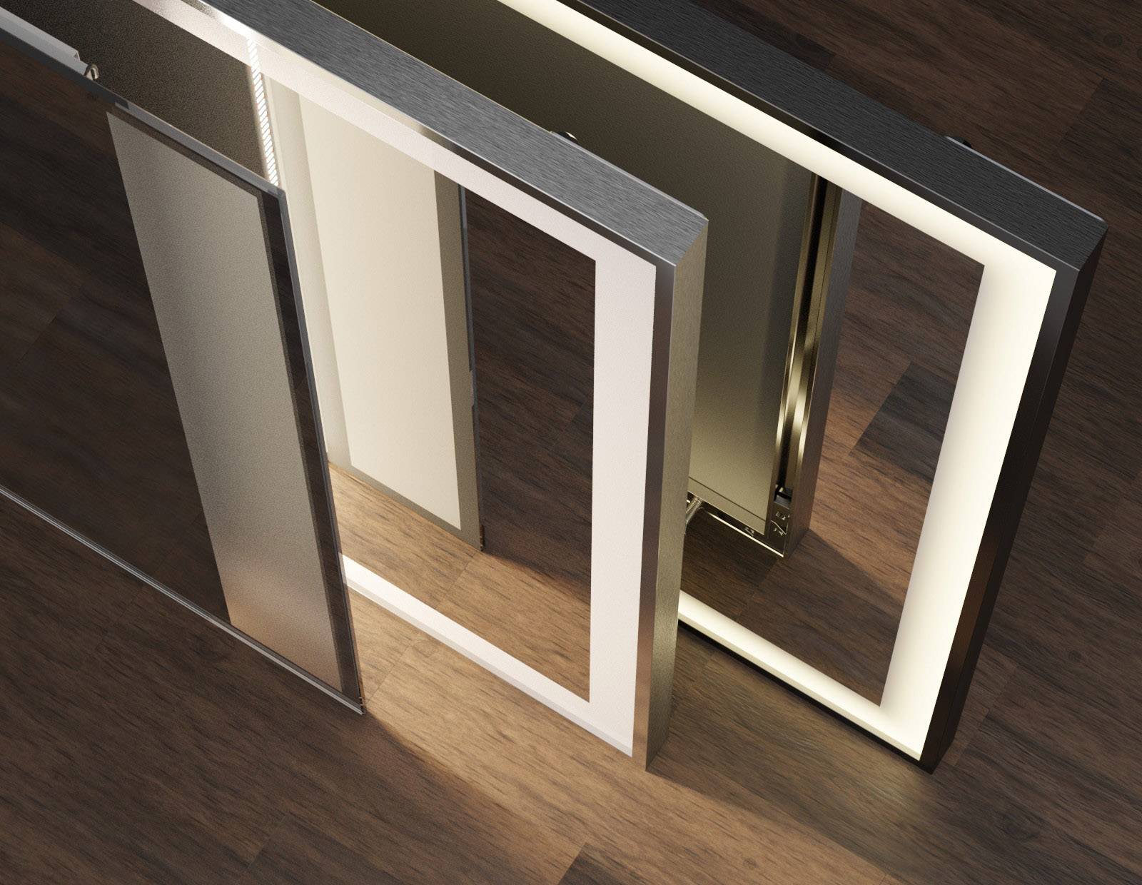 A illuminated, modern doorframe with a wooden floor in the background. The frame has an elegant, metallic design.