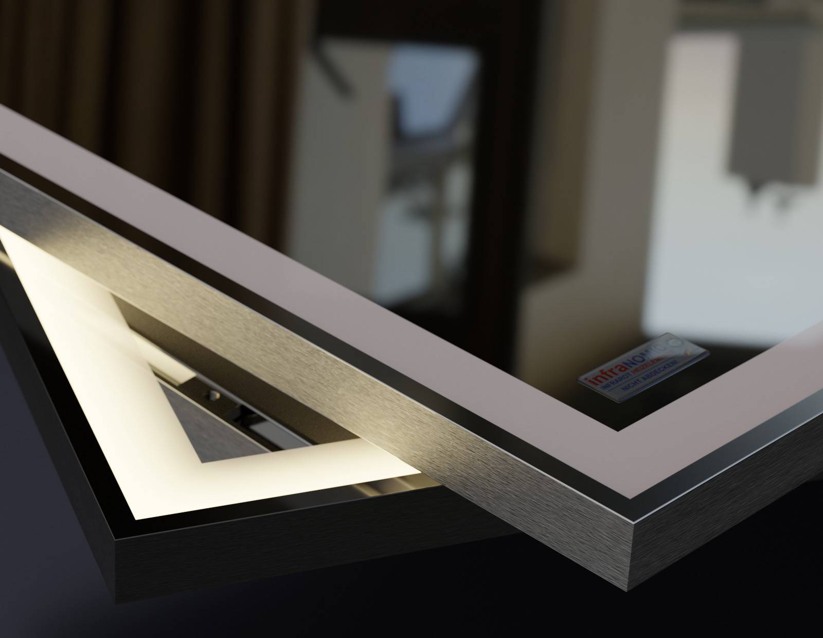 Two overlapping, thin, metallic frames with internal illumination, arranged in a modern room in front of a window.