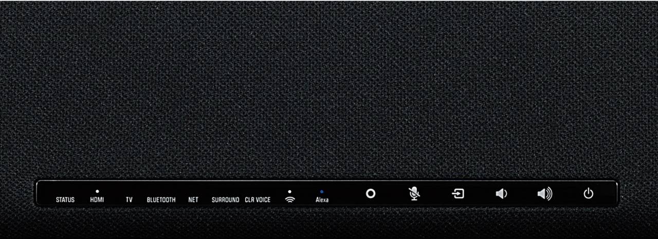 View of a soundbar control panel with buttons for HDMI, TV, Bluetooth, Surround, Clear Voice, Alexa, and volume control.