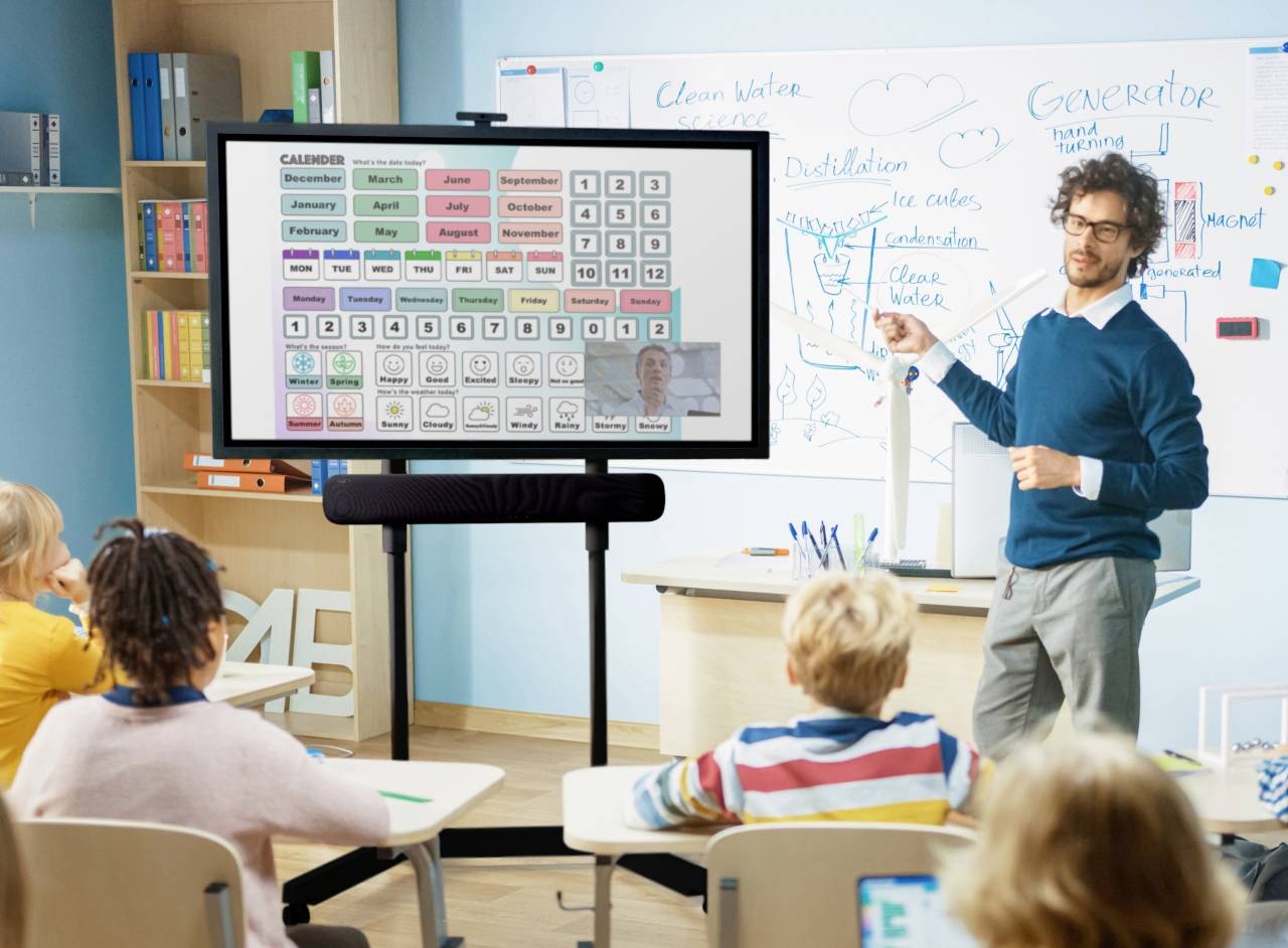A teacher explains something to children on a large digital screen in a classroom. A whiteboard with notes is visible in the background.