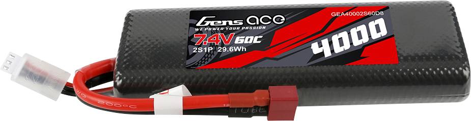 A black lithium-polymer battery with red details, labelled 'Gens Ace 7.4V 4000mAh'. Fitted with a red connection cable.