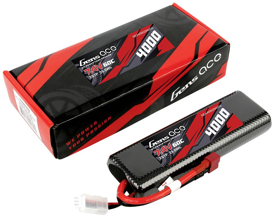 Rectangular LiPo battery with the label 'Gens Ace 4000 7.4V 60C', lying next to its packaging. It has red and black cables.