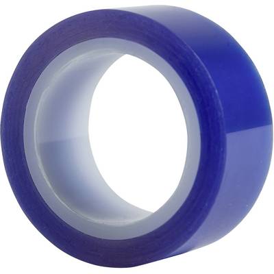 A blue roll of adhesive tape with a transparent core lies on a white surface.