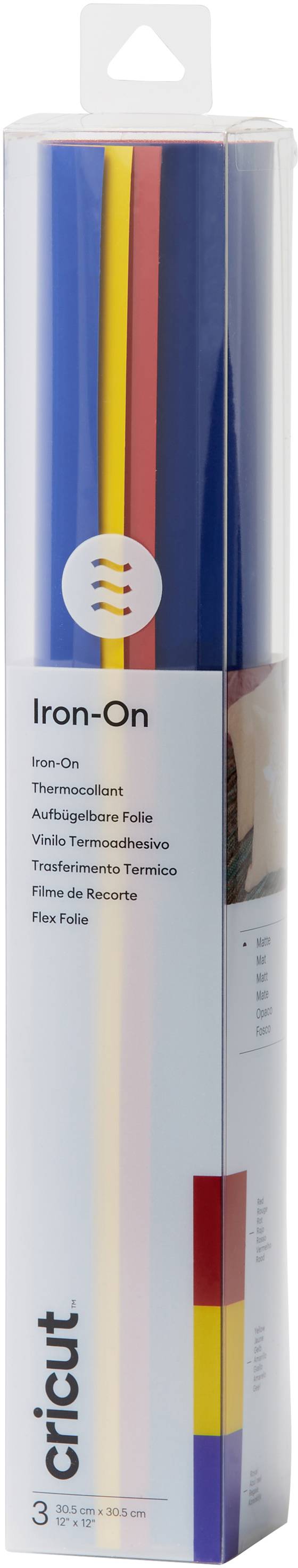 Packaging containing a coloured iron-on vinyl set by Cricut, with three rolls in Blue, Red and Yellow.