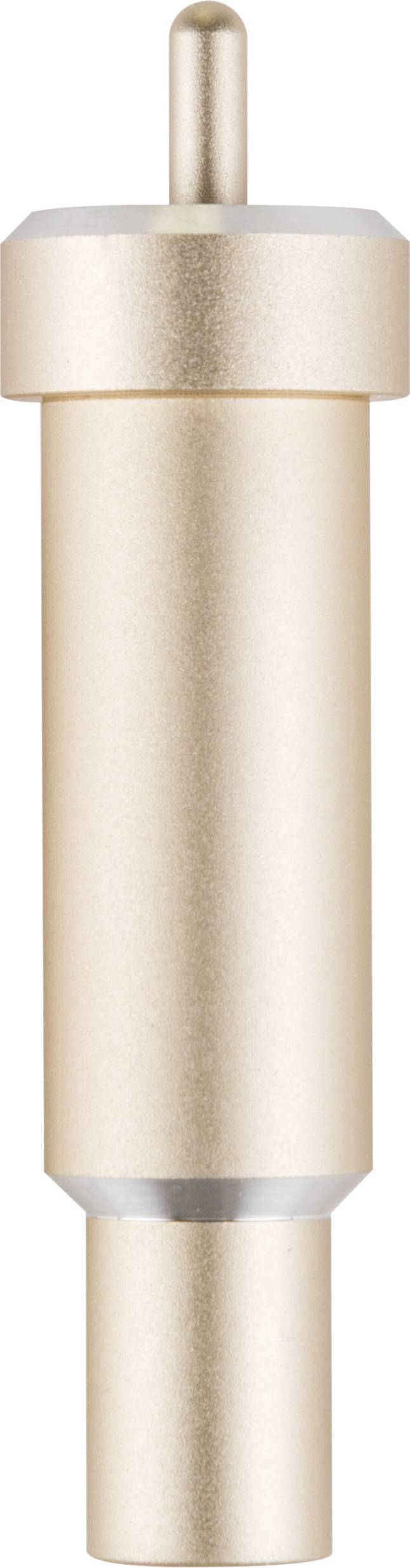 A golden metal pin with a narrow extension at the top and a cylindrical base at the bottom, possibly a technical component.