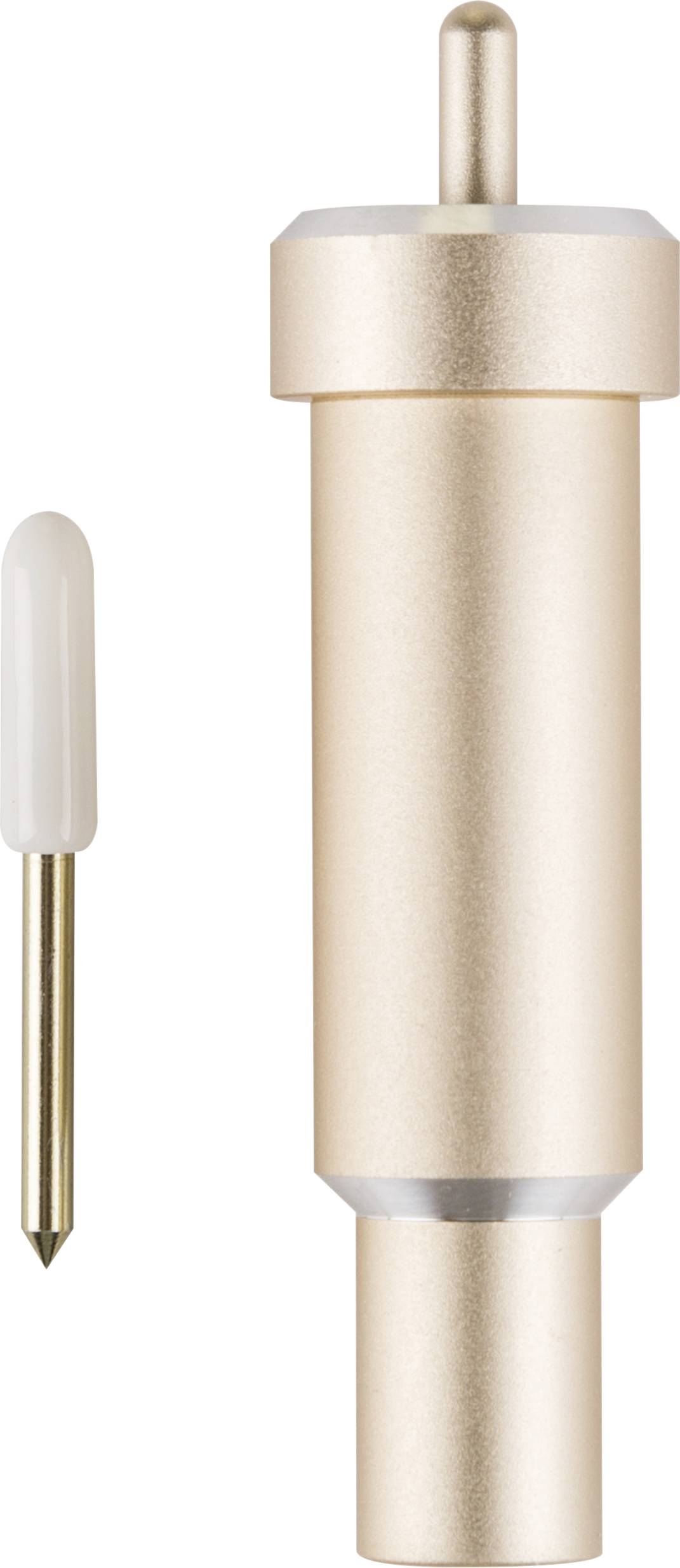 Pictured is a gold-coloured cutting tool with a replacement tip, used for precise cutting on electronic cutting devices.