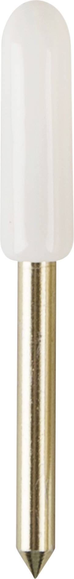 White attachment for nail drill with metal base, used in nail care, likely for fine work or polishing.