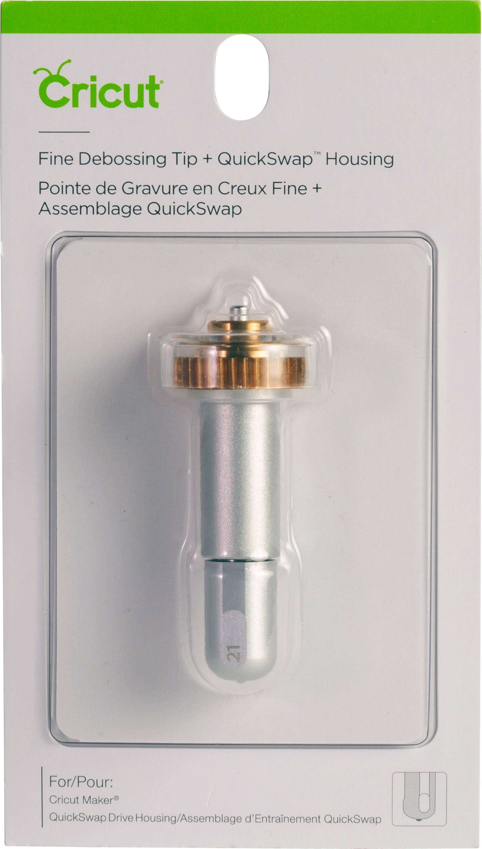 'Cricut Fine Debossing Tip' against a white background. Contains 'Fine Debossing Tip + QuickSwap Housing' text and green Cricut logo.