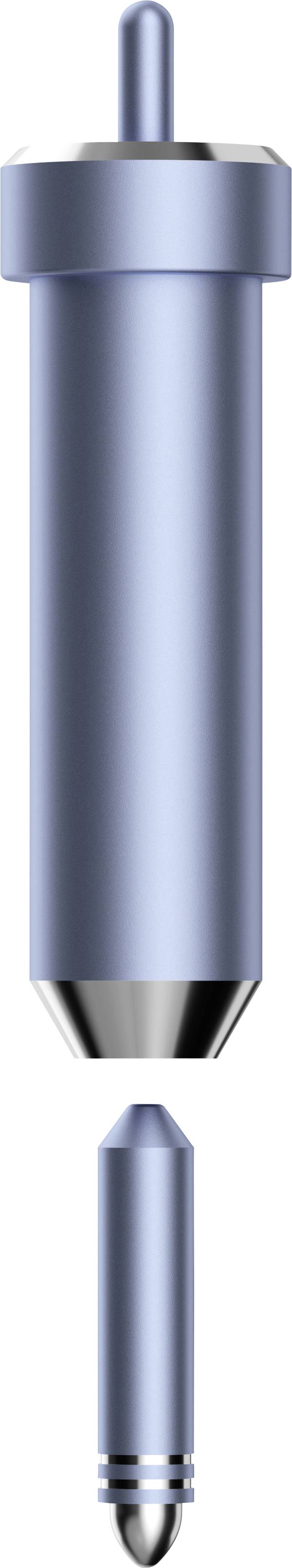 Blue ballpoint pen with removable tip and cap, two views: Top and side view.