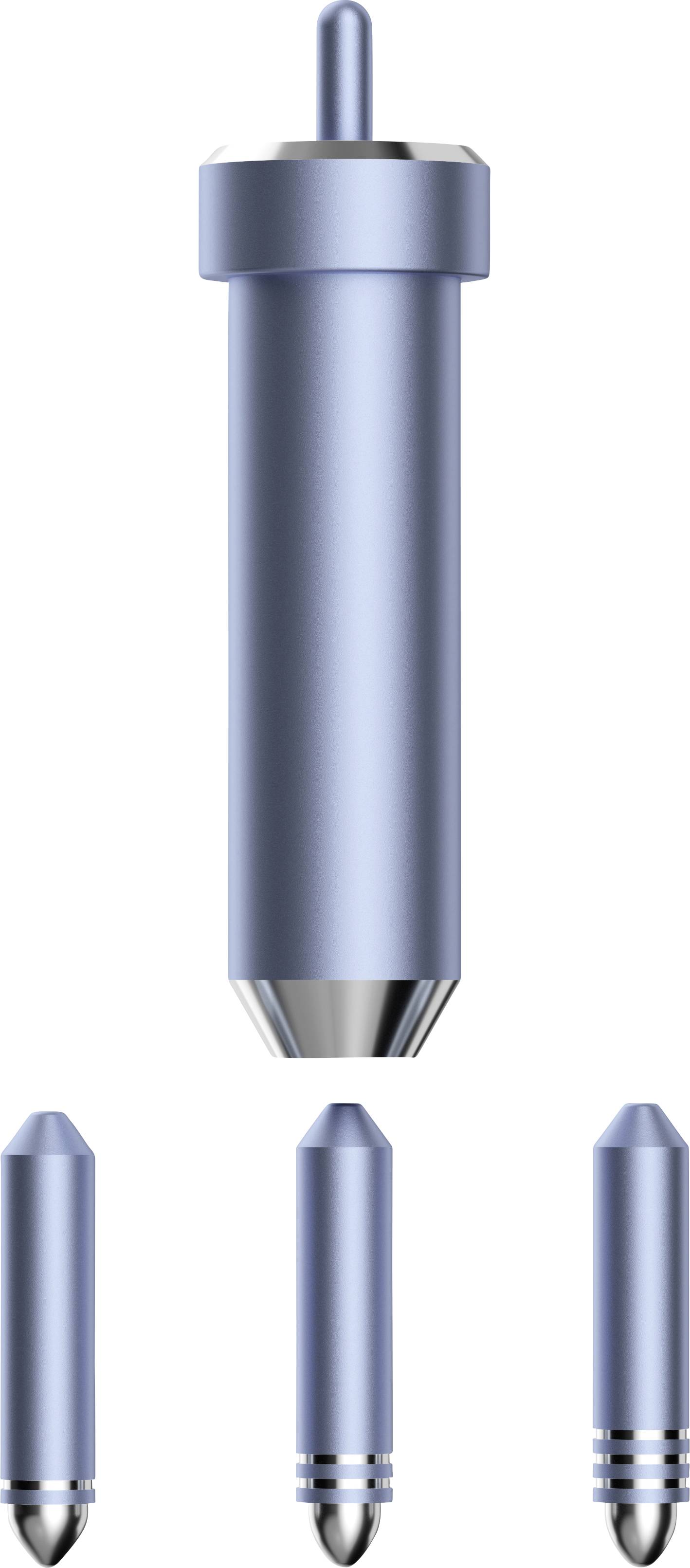 Four blue pens in different perspectives, likely spare parts or tools, each with a metal tip and cap.