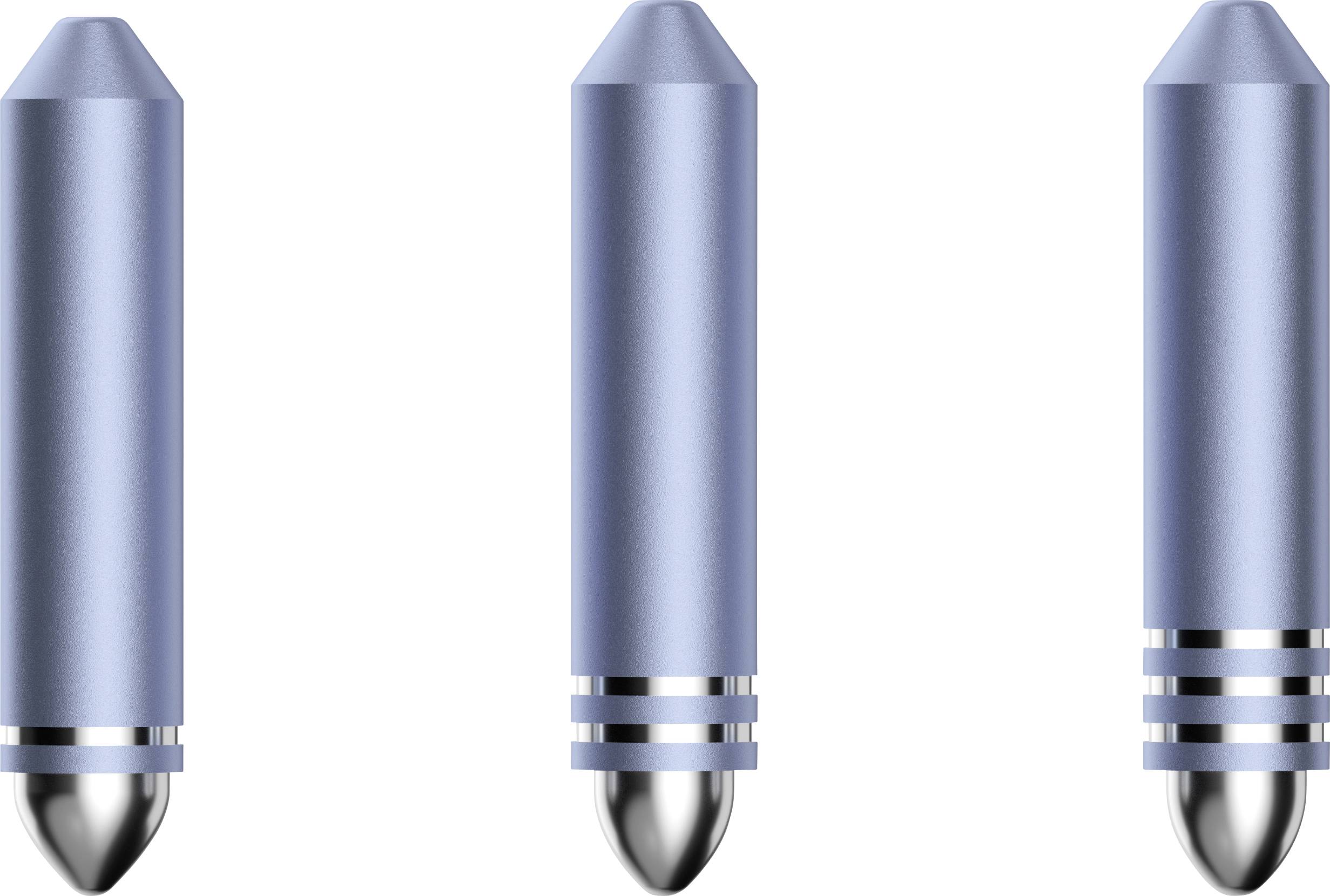 Three blue ballpoint pen tips with metallic ends and gleaming silver details, arranged symmetrically on a white background.