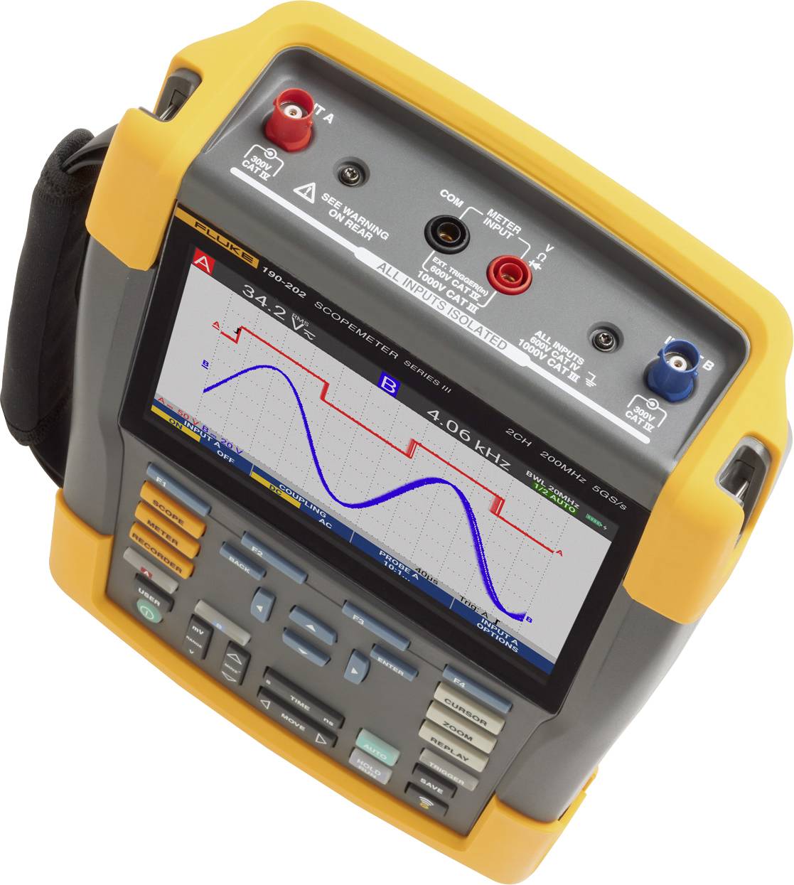 A portable oscilloscope with a screen displays two sinusoidal data curves and various buttons for control and configuration.