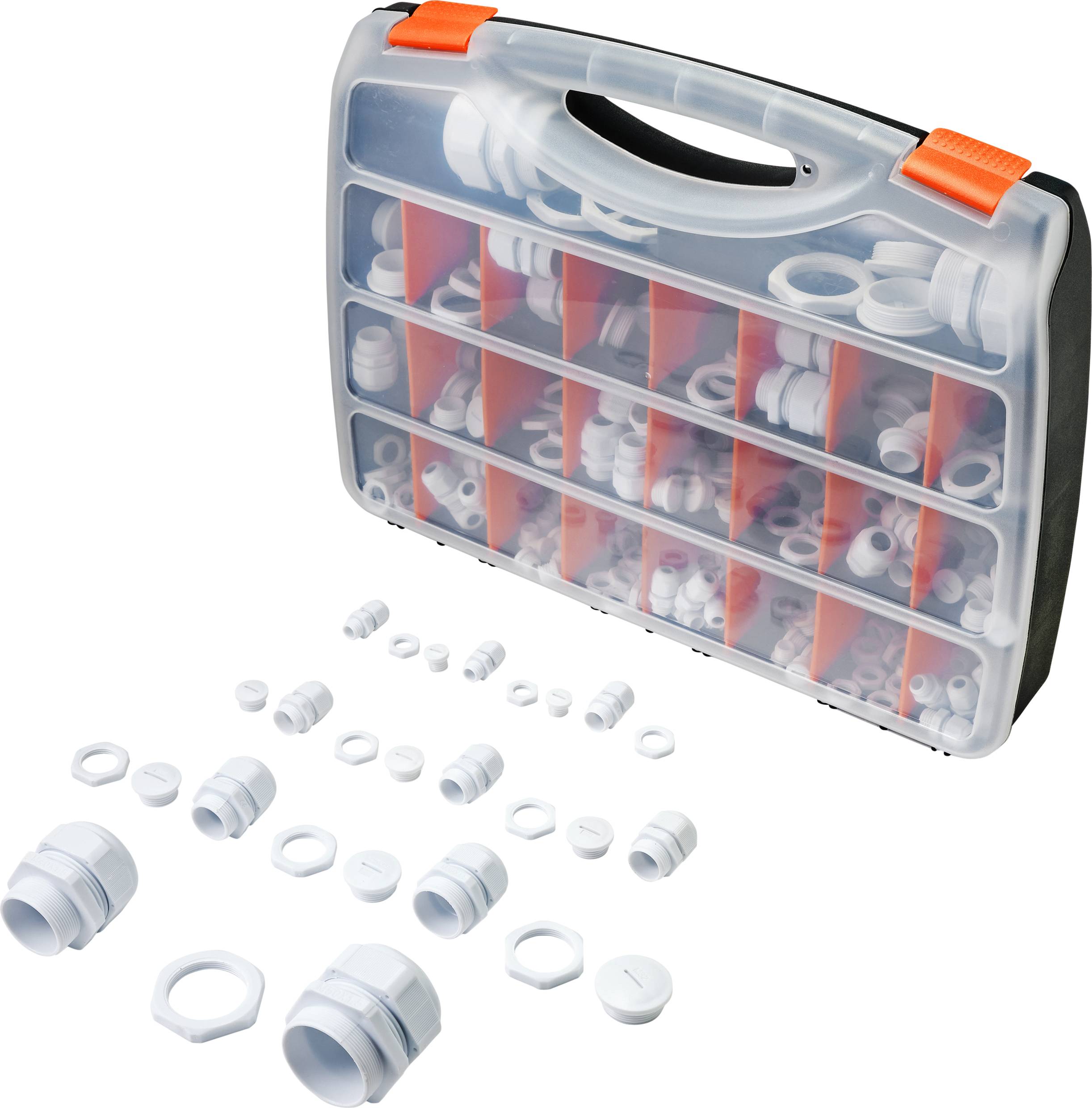 A case containing an assortment of white plastic cable glands and electrical fittings in various sizes, used for electrician or installation work.