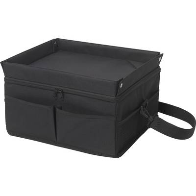 Black, rectangular transport organiser with zip closure, carry handle, and multiple external pockets. Ideal for the boot.