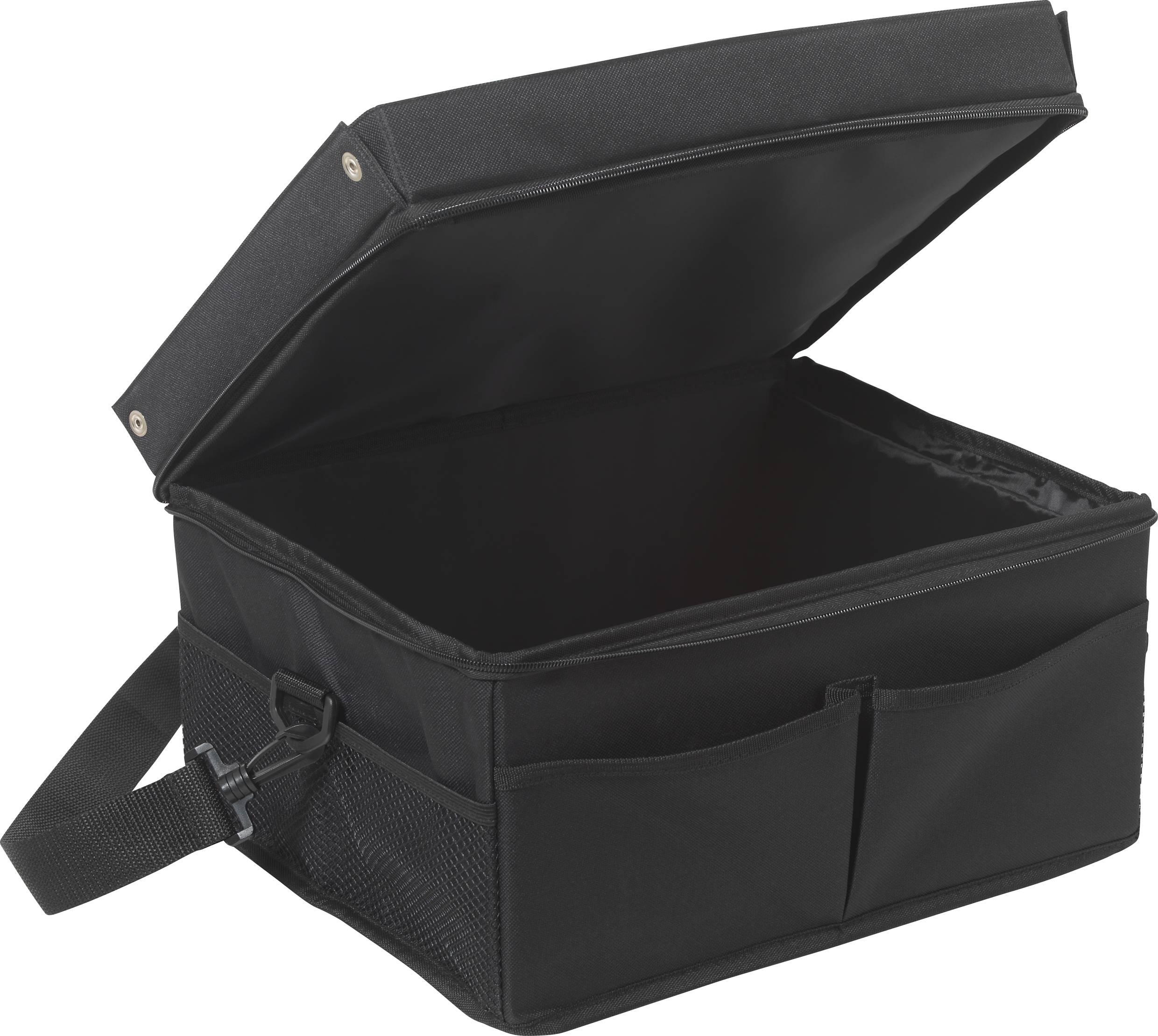 An open, black fabric bag with multiple compartments and a shoulder strap, sitting on a table.