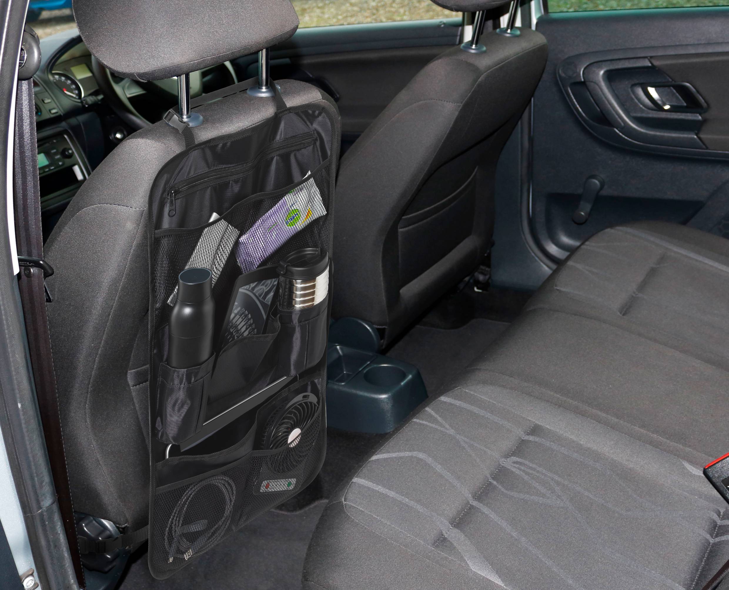 'Seat-back auto-organiser with bottle holders, cable storage, and torches; practical storage solution for travelling.'