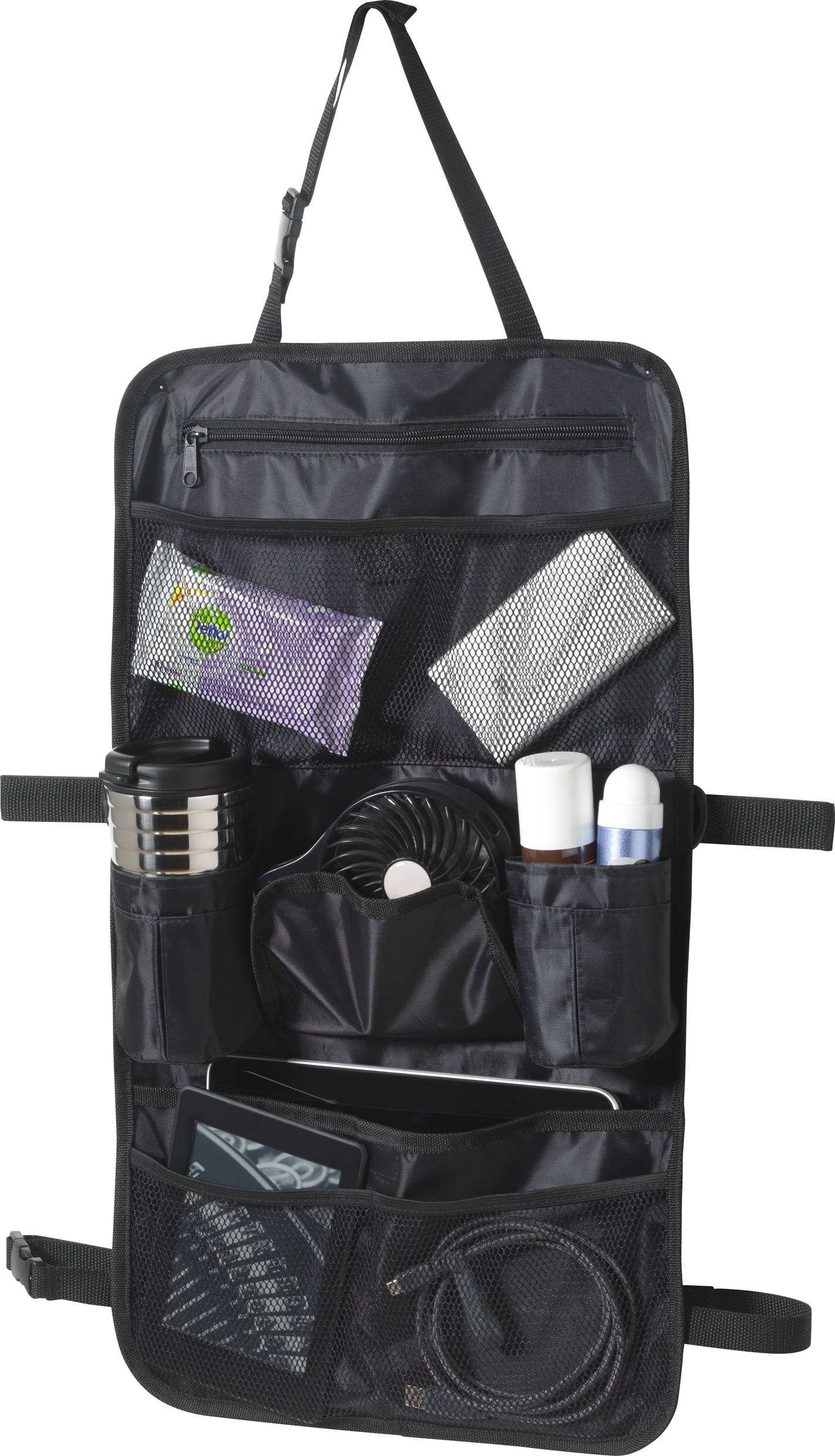 A multi-compartment car organiser attached to a seat. Contains tissues, cups, fan, deodorant, and cables.