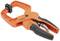 An orange clamp with a black handle and an adjustable clamping range, suitable for workpieces or craft projects.
