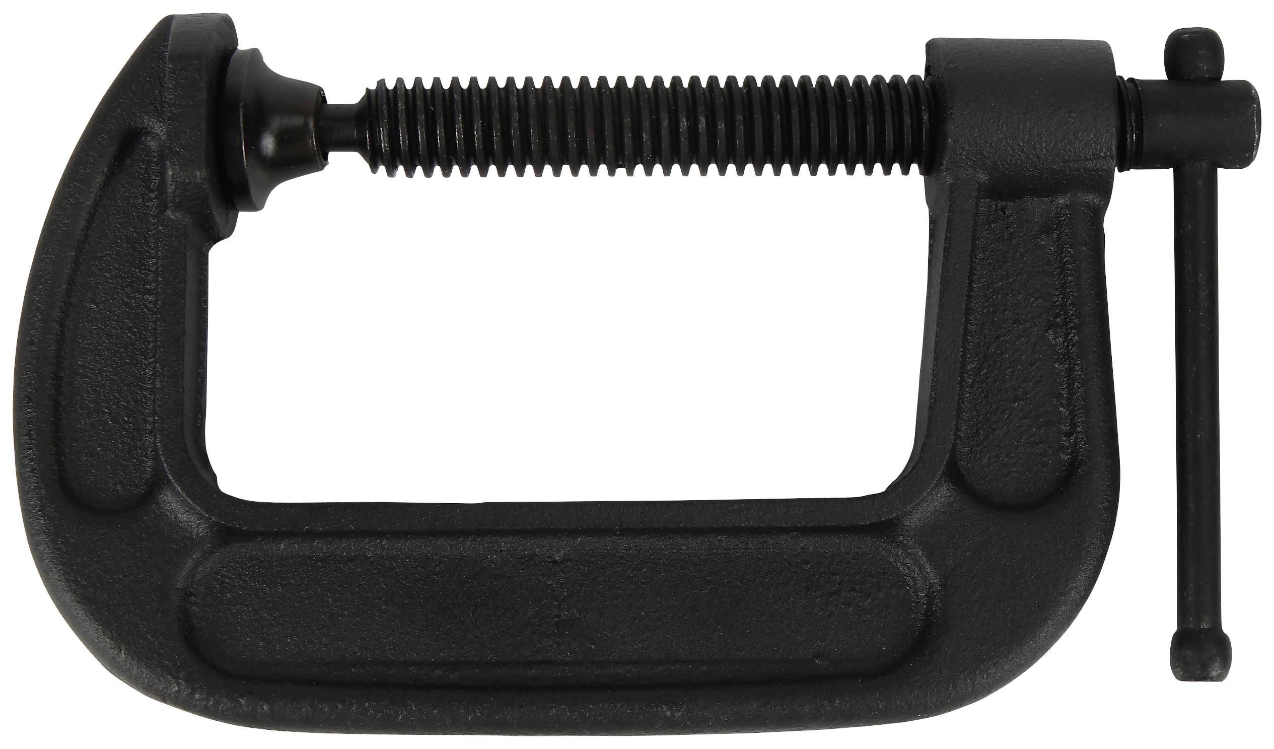 A black metal G-clamp, positioned horizontally, with a rotating handle and threaded spindle for securing objects.