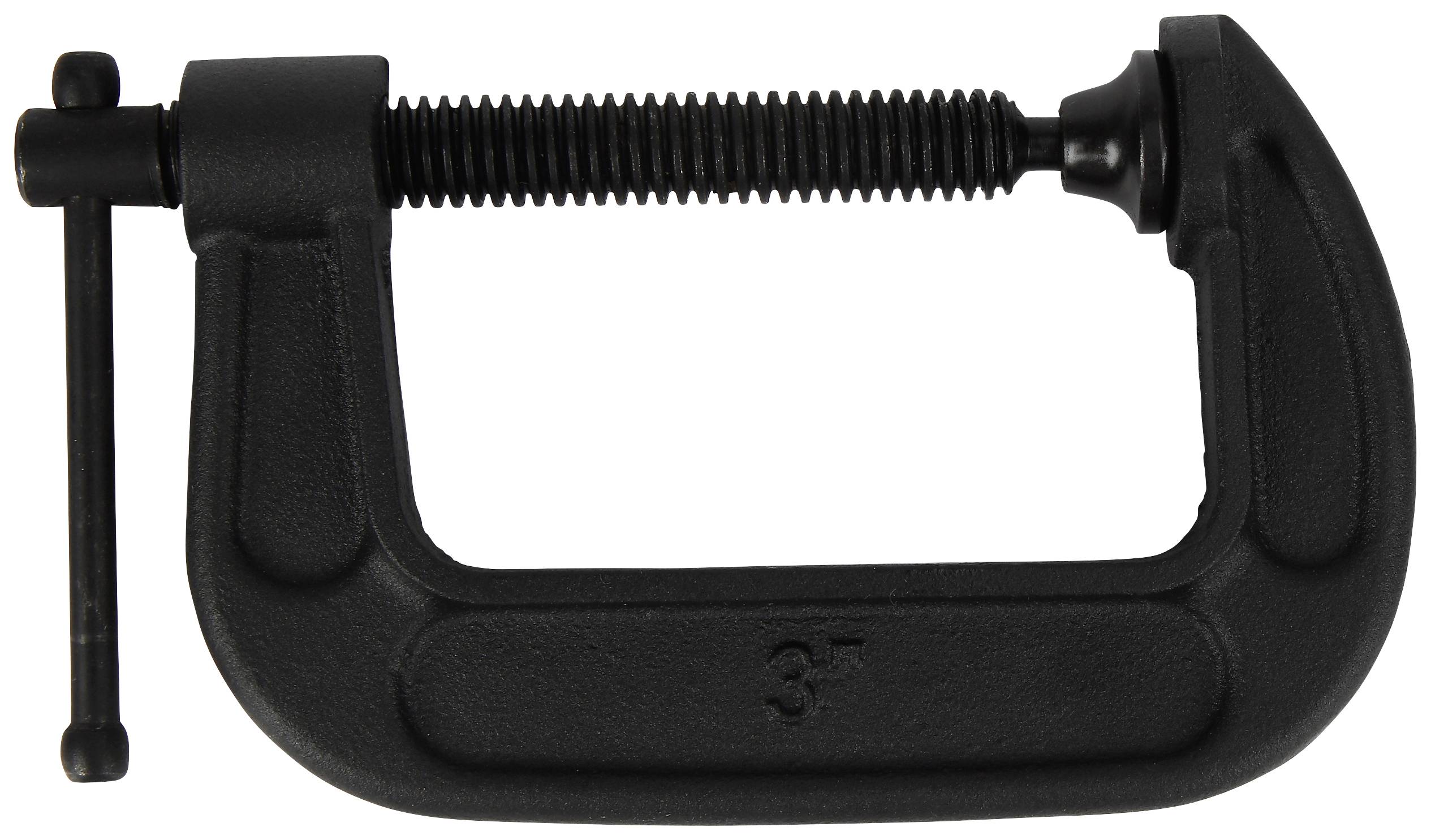 A black G-clamp with 3-inch engraving, closed, on a light background.