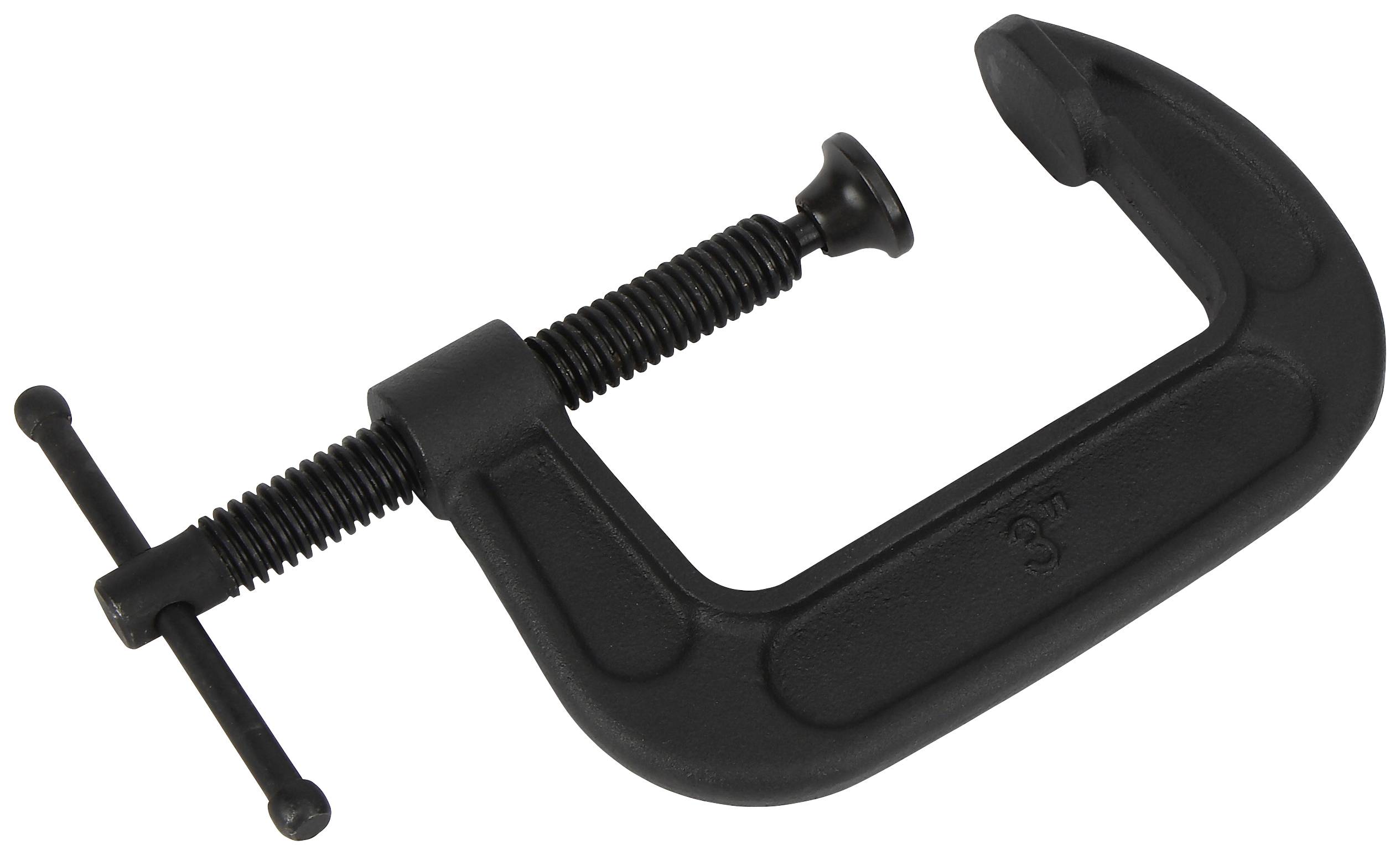 Black C-clamp with screw closure, used for holding or securing objects in workshops or at construction sites.