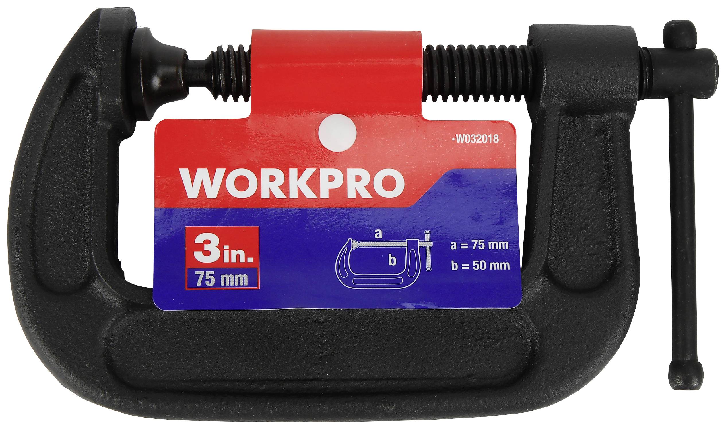 'Workpro Metal C-Clamp with 75 mm Clamping Capacity. Red and blue label with measurements in inches and millimetres.'