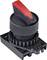 Black rotary switch with red lever, mounted on a black base. Suitable for industrial or electronic applications.