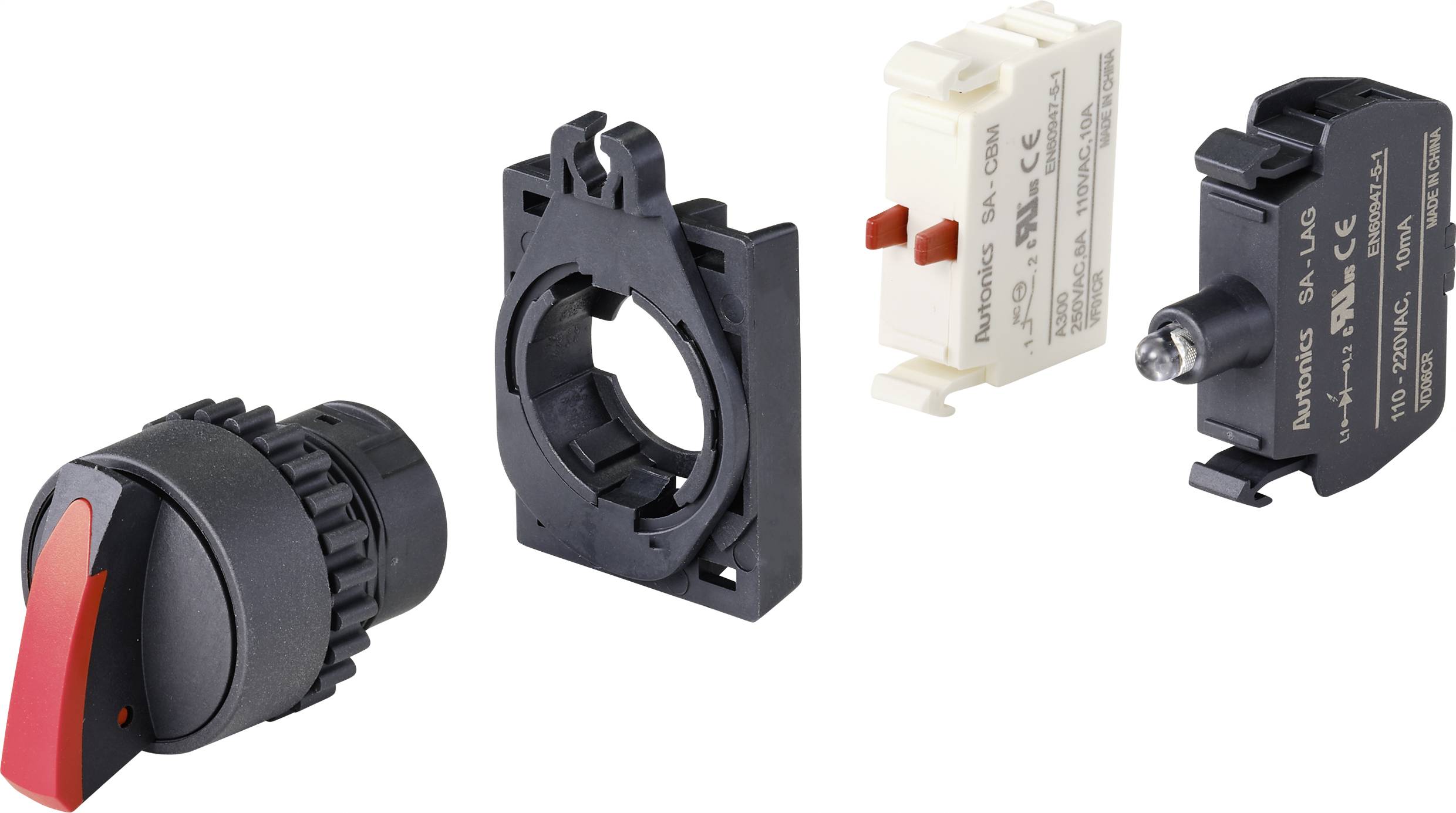 Rotary switch with red lever, mounted on a black housing with two electrical components. Suitable for machine control systems.