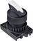 A black rotary switch with a white handle, mounted on a rectangular base. Suitable for industrial applications.