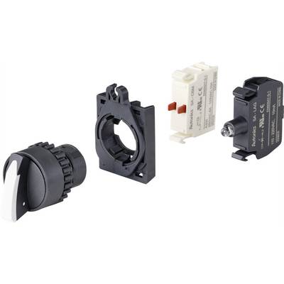 Four parts of a switch system: a rotary knob, a mounting bracket, a white contact block and a black contact with spring.