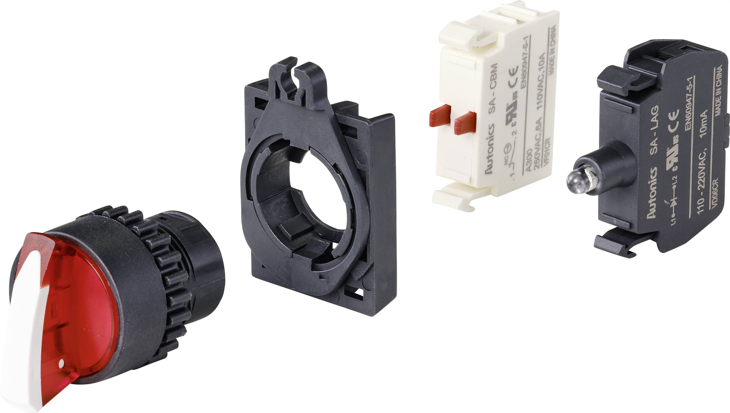 'Switch assembly kit with red cover, mounting frame, contact block and switch unit. Suitable for industrial applications.'