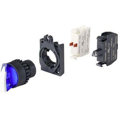 A blue-illuminated push button and its components: housing, mounting frame, contact block, and illumination unit, shown in individual parts.