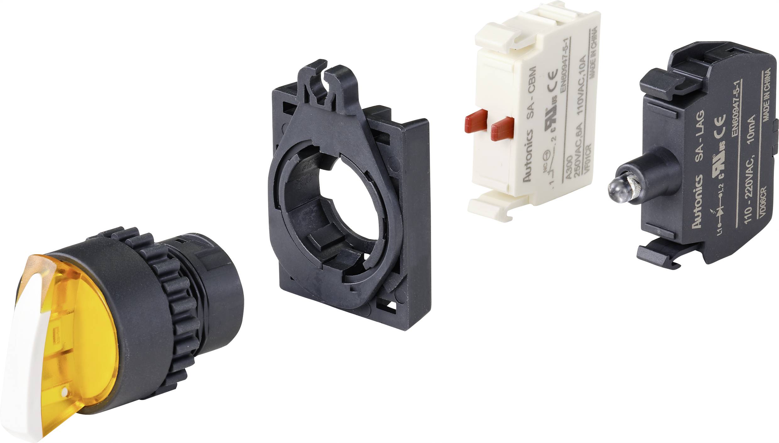 Four interconnected components of a switch: yellow button, mounting bracket, white connecting piece, black switching element.