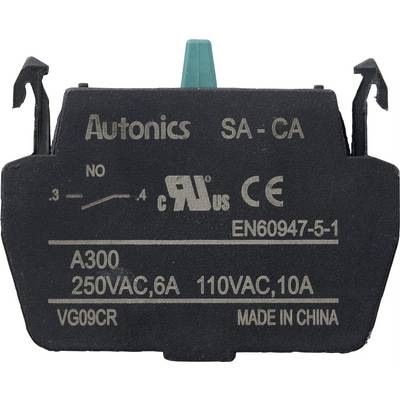 'Black microswitches by Autonics with green button on top. Inscription: 250VAC, 6A, 110VAC, 10A, EN60947-5-1, Made in China.'