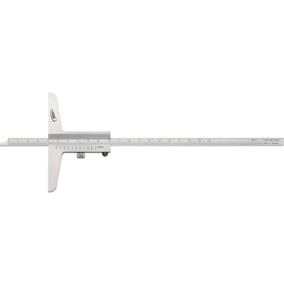 'Steel depth gauge with millimetre and inch scales for precise depth measurement in technical and craft applications.'