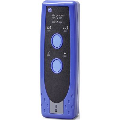 Remote control with two blue buttons, various symbols for music and headphones, and battery indicator in the top right corner.