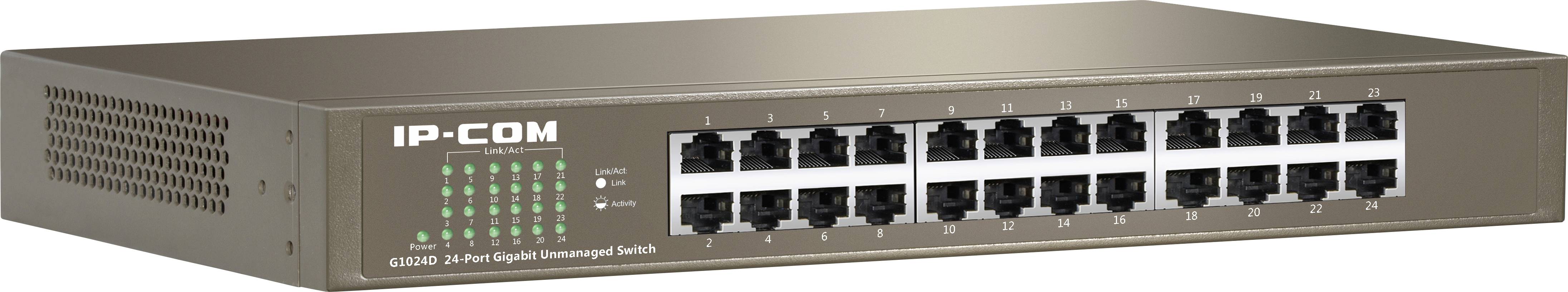 'IP-COM G1024D' 24-Port Gigabit Switch with LED Indicators for Status and Network Activity. Suitable for Network Connections in Office Environments.