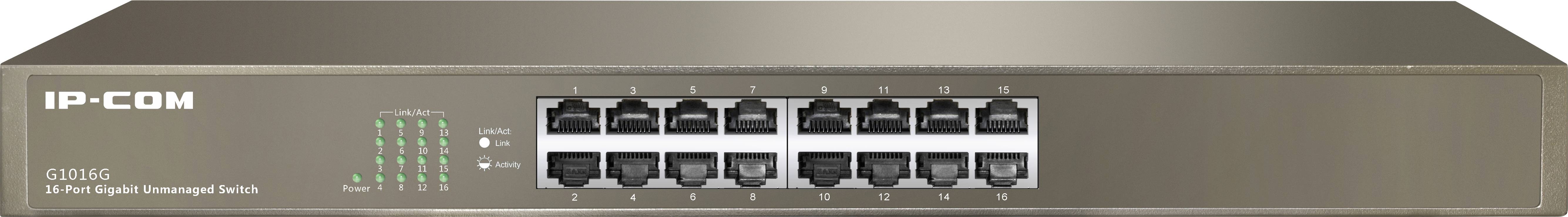 IP-COM G1024G network switch with 24 ports and status LEDs on the left-hand side.