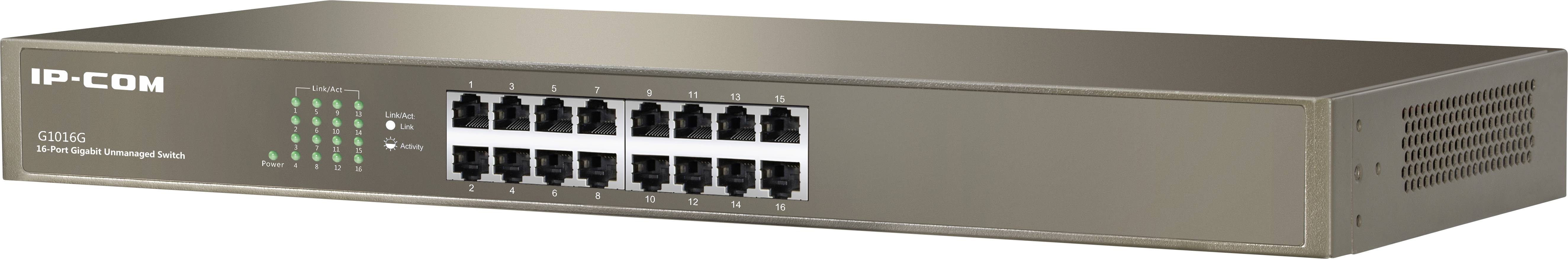 A network switch with 16 Ethernet ports, green illuminated indicator lights on the left side, brand IP-COM.