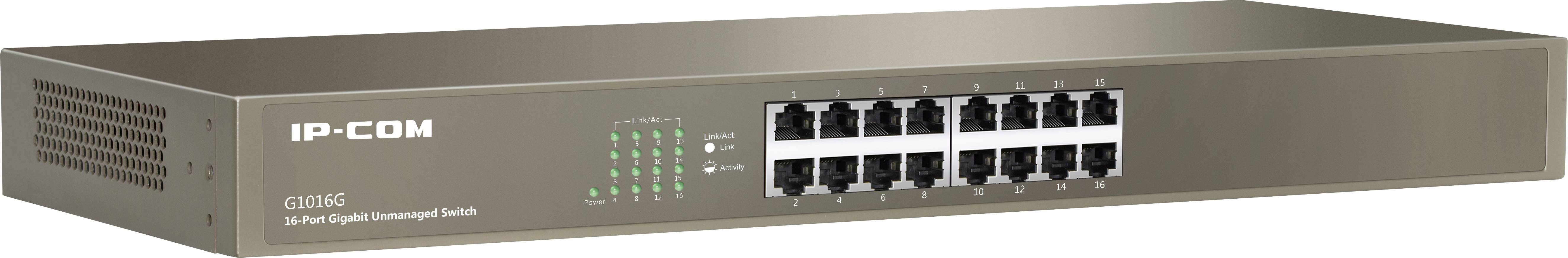 A 16-port Ethernet switch from IP-COM. On the left side, green LED indicators are illuminated, signalling the operational status.