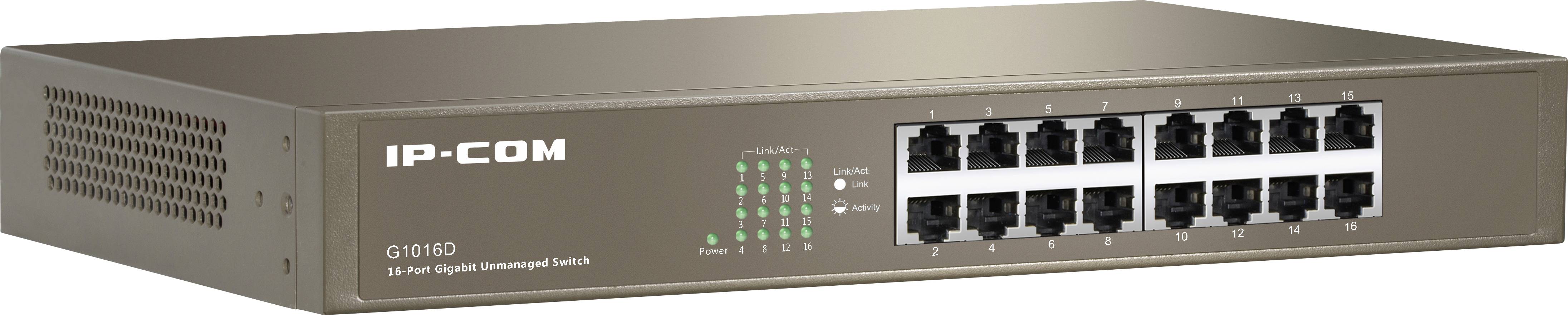 A 16-port Gigabit network switch from IP-COM, model G1016D, with status indicator LEDs on the front panel.
