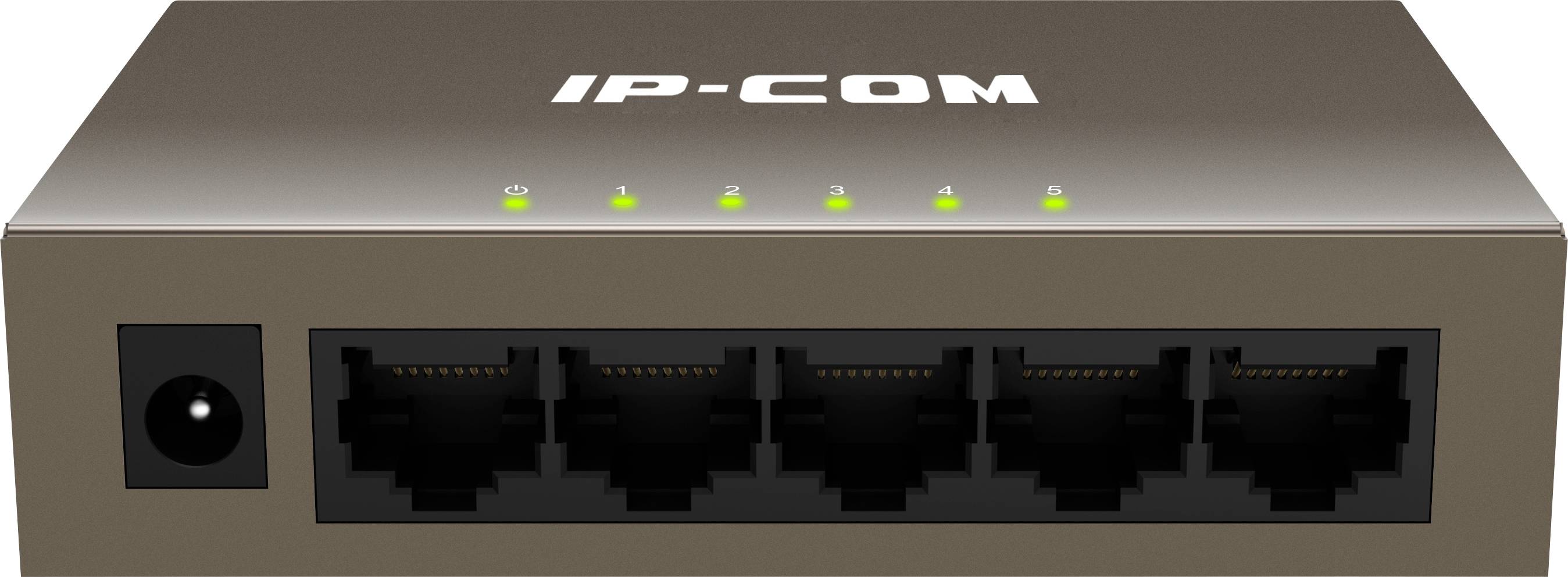 An IP-COM network switch with five Ethernet ports and six LED indicators on the top surface signalling the operational status.