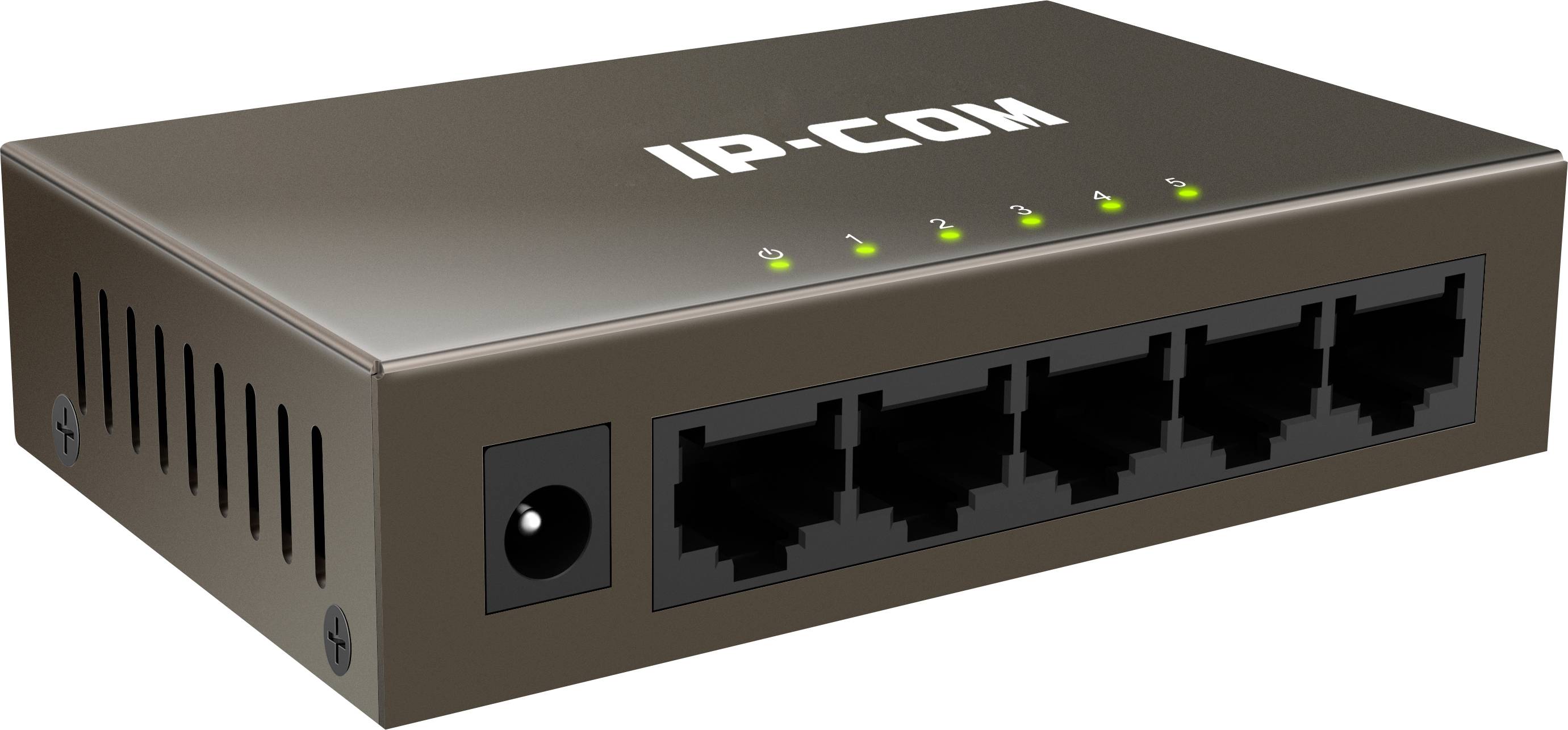 A black network switch with six Ethernet ports on the front and illuminated LED indicators on top.