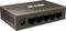 A black network switch with six Ethernet ports on the front and illuminated LED indicators on top.