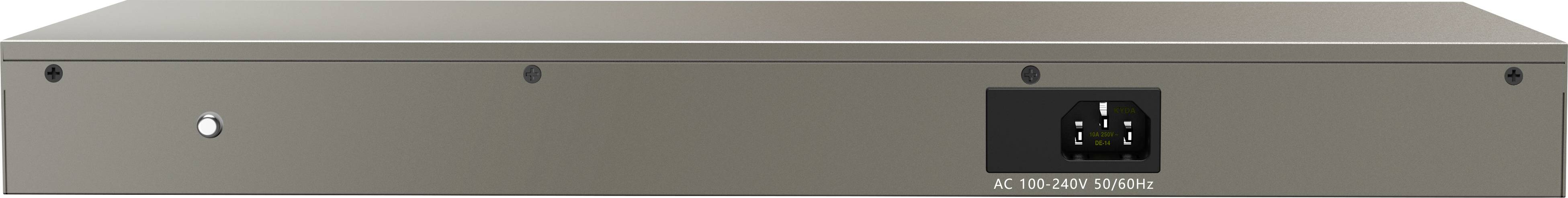 A rectangular electronic device in a metal casing, rear view with power connection on the right.