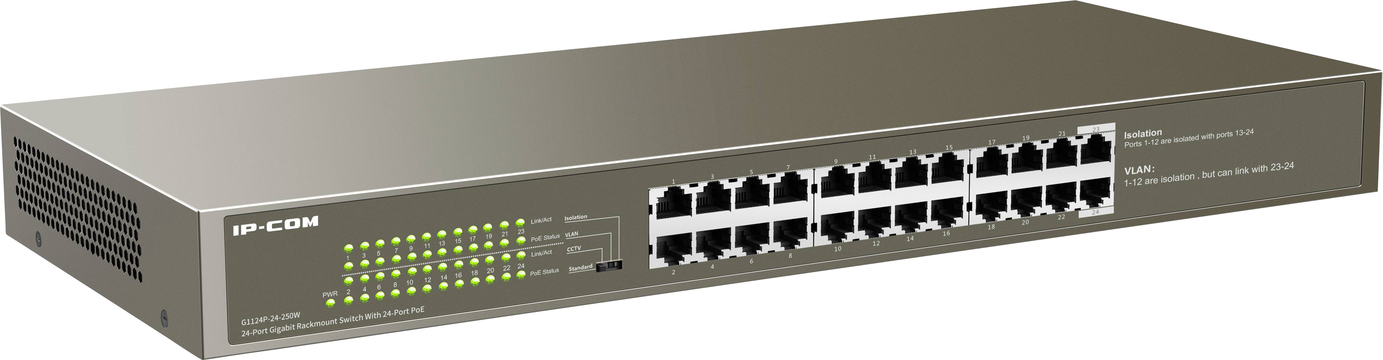 A network switch with 16 Ethernet ports and LED indicators on the front panel. Label reads: 'IP-COM'.