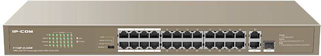 A network switch with 16 Ethernet ports and LED indicators for status monitoring. Brand name and model number are visible.