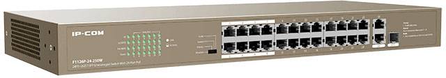An IP-COM network switch with 24 Ethernet ports, green LED indicators for operational status, suitable for distribution in networks.